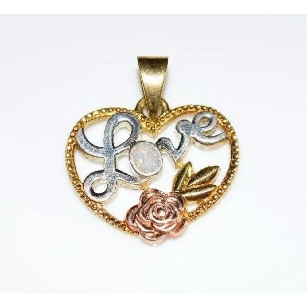 VTG Gold Vermeil .925 Sterling Silver Opal LOVE Heart Rose Pendant